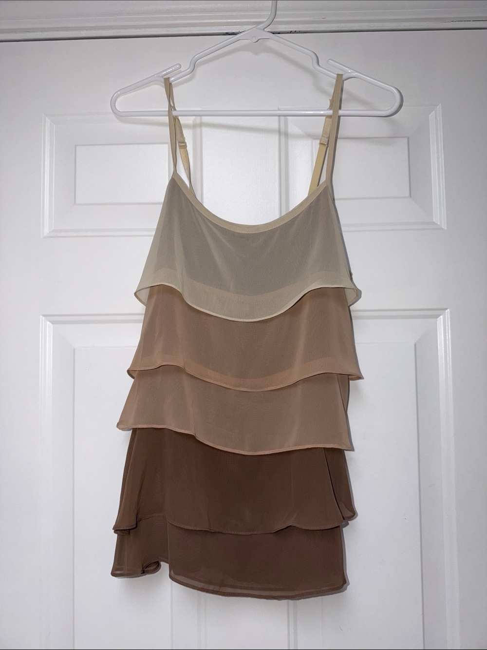 New York & Company Layered Ruffle Tank Top in Cream and Brown